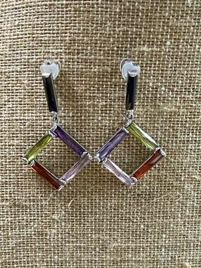Fashion Jewelry Multicolor Baguette Drop Earrings - Silver Tone